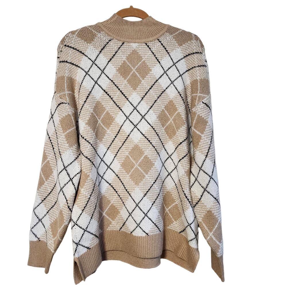 VTG Belle Argyle Turtleneck Sweater-Belldini Long Sleeve Pullover Stretch Knit L